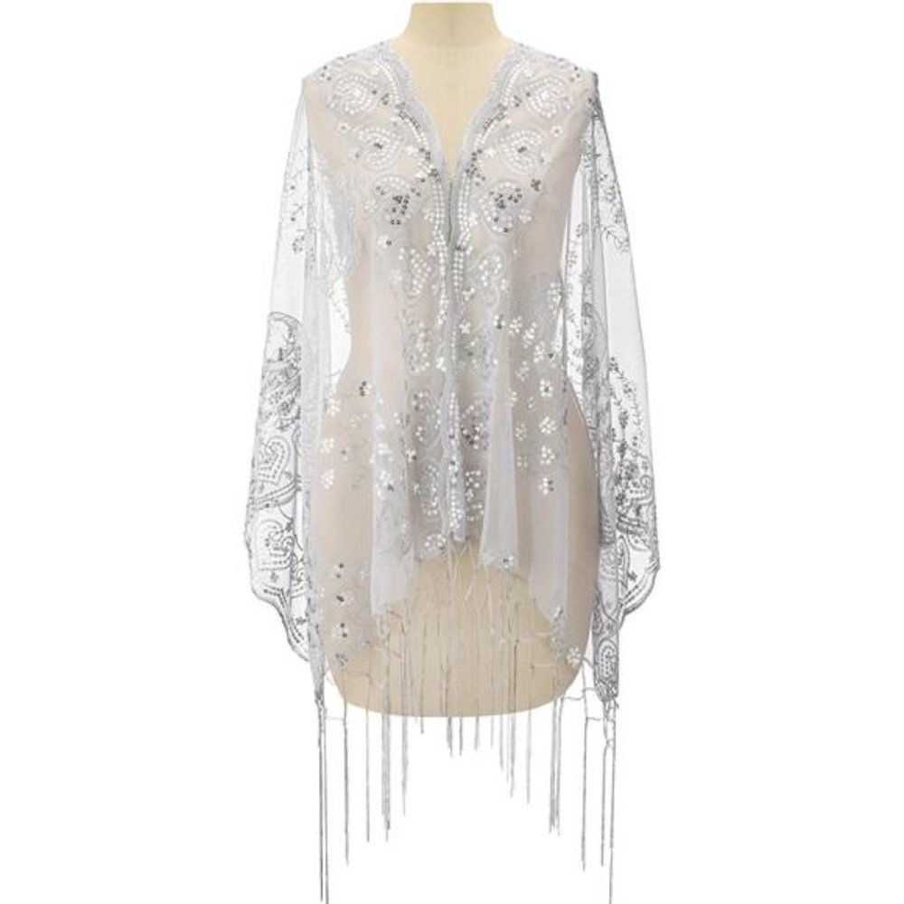 Silver 1920s Retro Fringe Sequin Lace Shawl Wrap‎ Long Evening Party Shawl Shrug - Picture 6 of 7